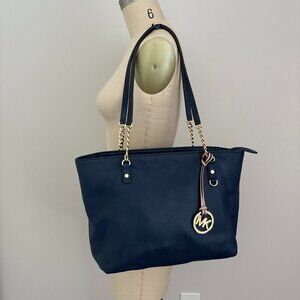 Michael Kors Navy Susannah Leather Tote With Gold Chain Strap